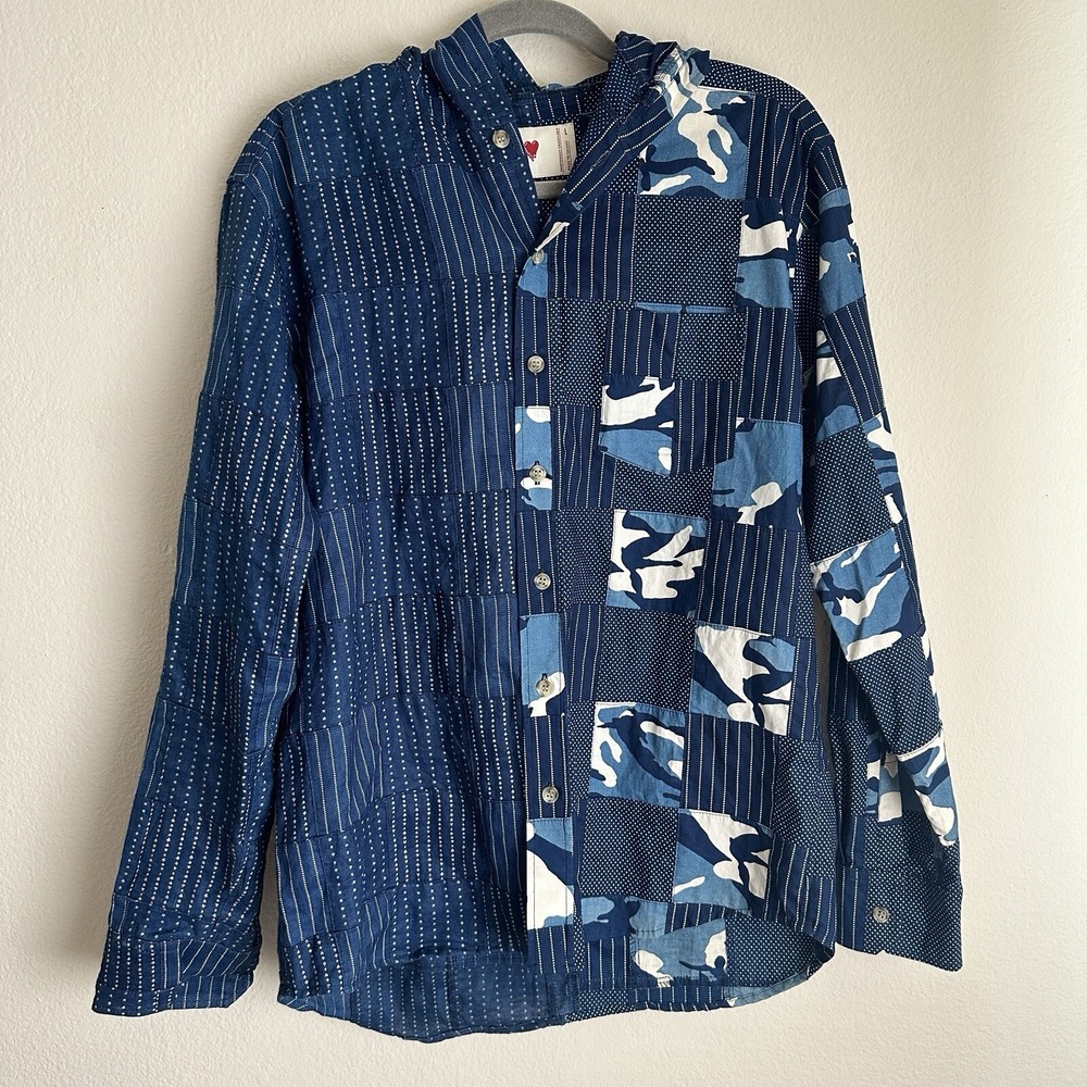 Emotionally Unavailable Hooded Shirt Mens Large Blue Patchwork Camo Linen Cotton